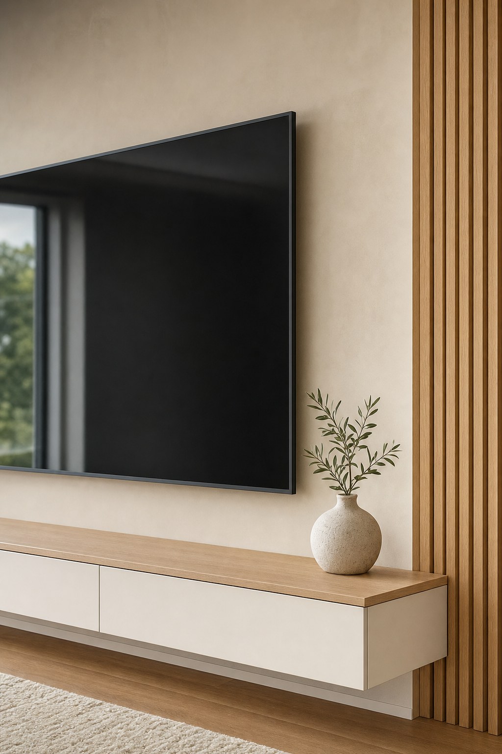 Clean cable-free television installation on a light wood feature wall