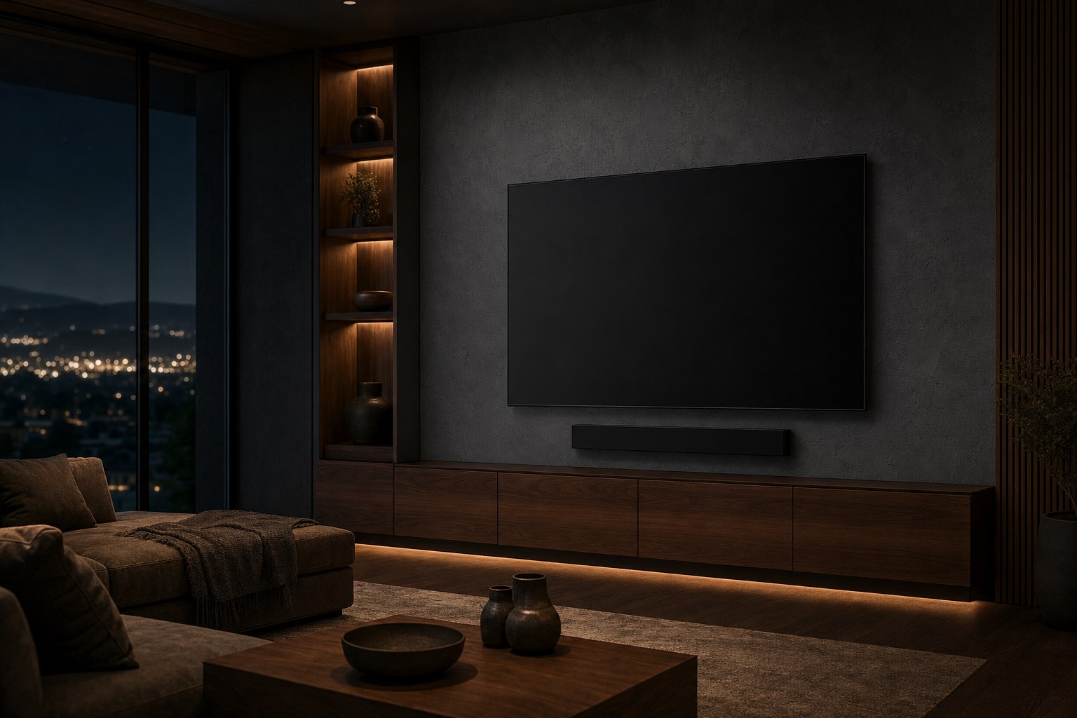 Cable-free television and soundbar installation in a dark modern living room