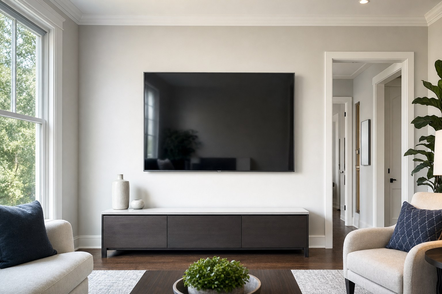 Television mounted at the center of a bright living room wall