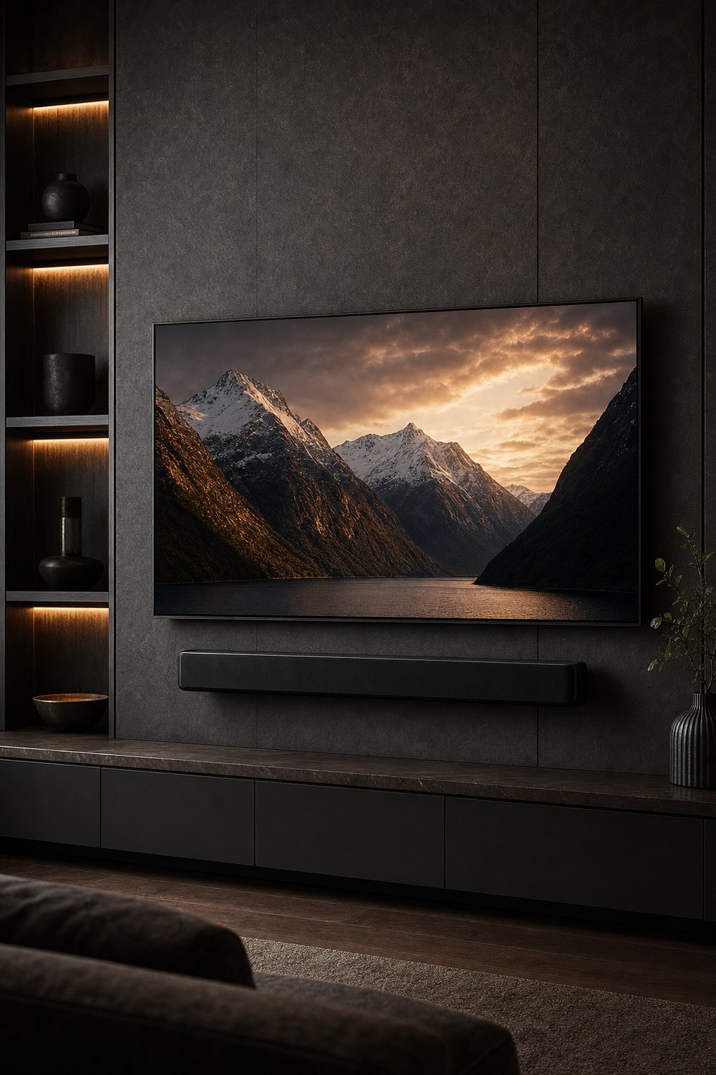 Television with an aligned soundbar on a dark modern feature wall