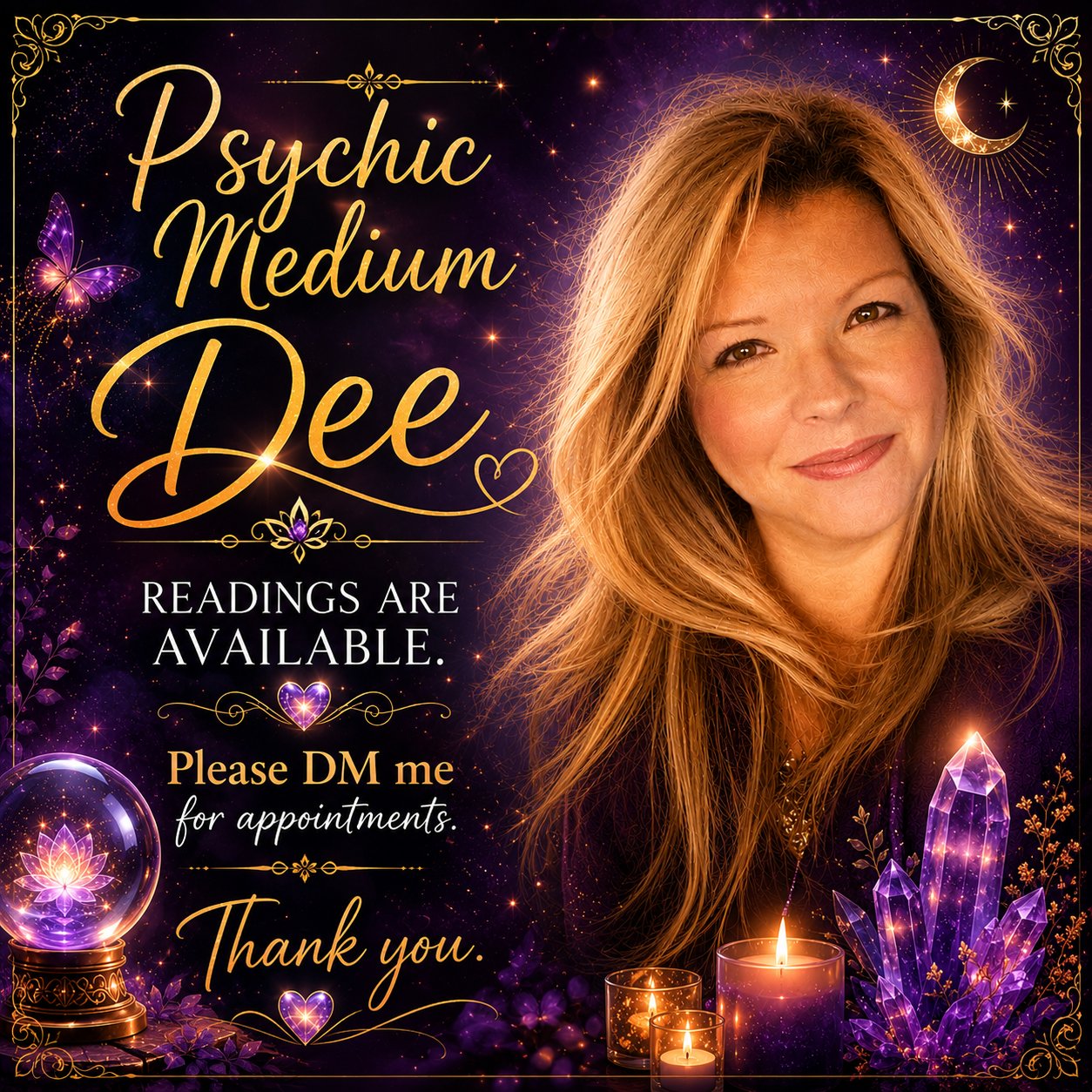 Psychic Medium Dee portrait with candles, crystals, and stars