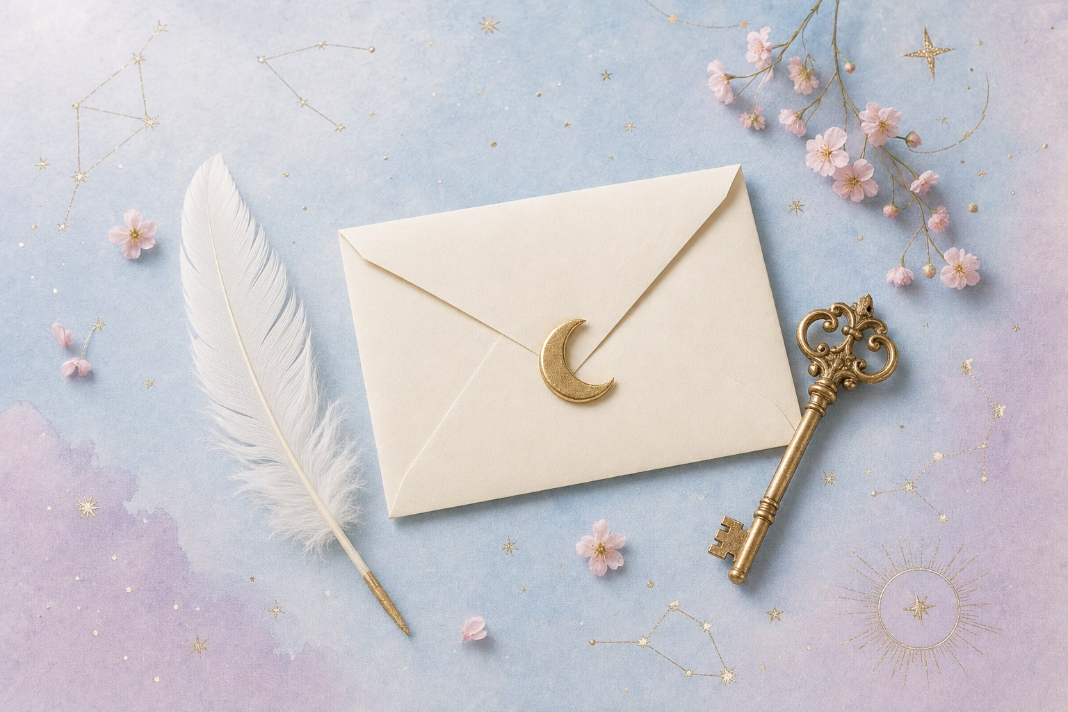 Ivory envelope, feather, gold key, crescent moon, and pink blossoms on a pale blue celestial background