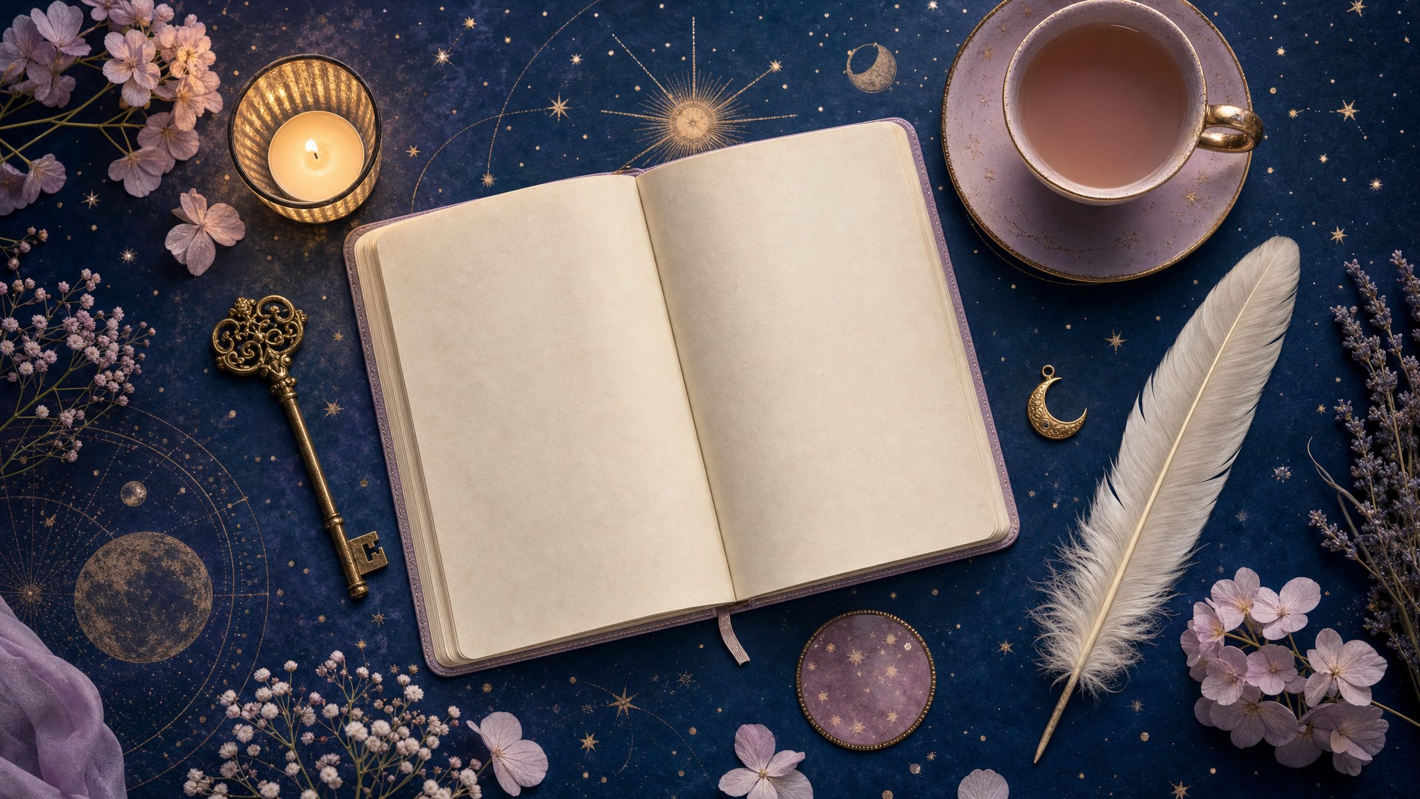 Open blank journal with a feather, gold key, candle, tea, moon charm, and stars on a midnight-blue celestial background
