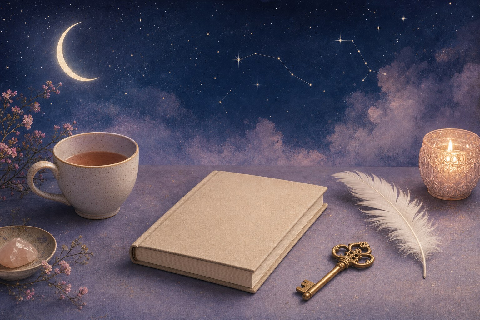 Blank journal, tea, candle, feather, and gold key beneath a crescent moon and constellations