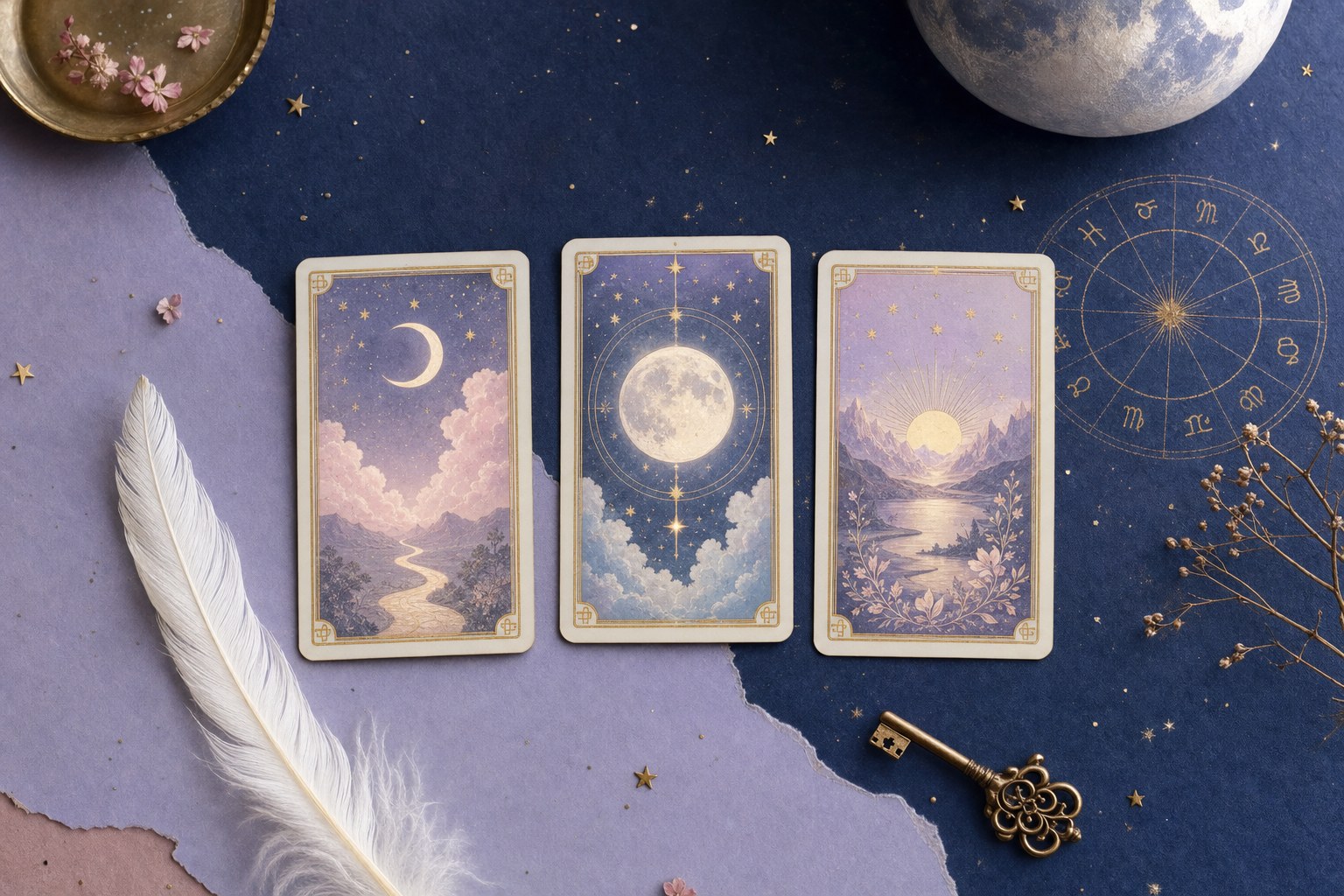 Three Tarot cards arranged with a white feather, gold key, moon, and zodiac wheel