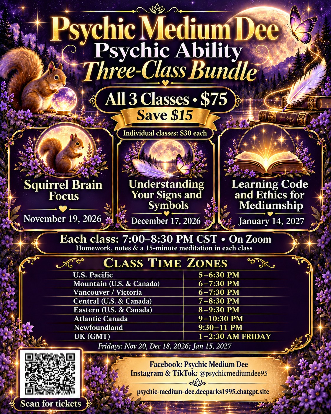 Psychic Ability Three-Class Bundle with dates and time zones, $75 per person, saving $15