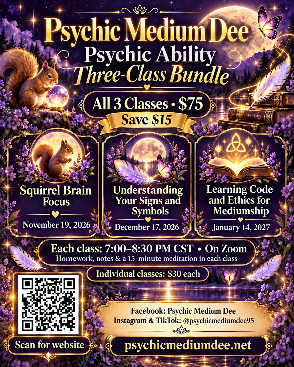 Psychic Ability Three-Class Bundle with dates and time zones, $75 per person, saving $15