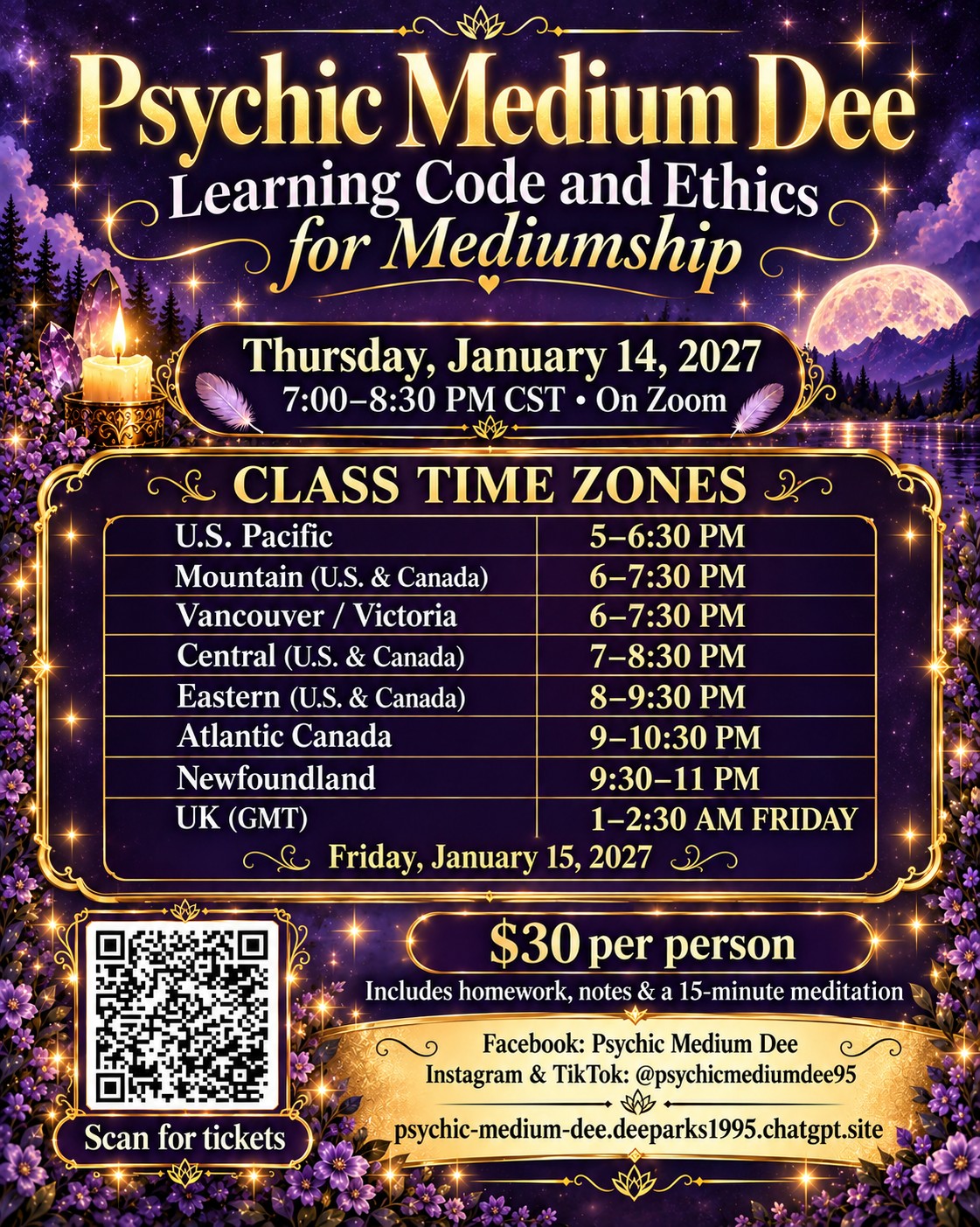 Learning Code and Ethics for Mediumship class poster from Psychic Medium Dee