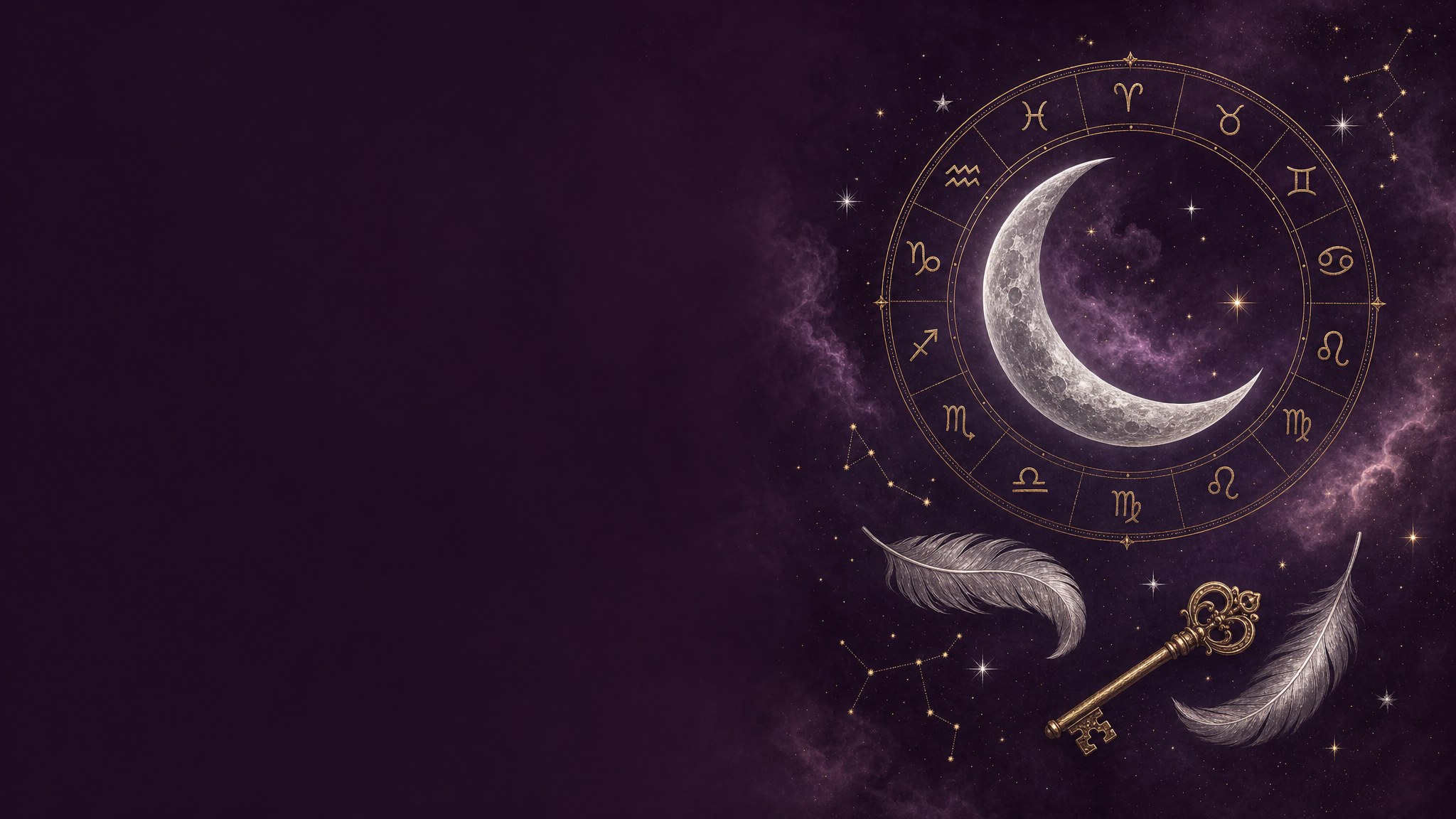 Silver crescent moon, stars, feathers, an antique gold key, and a zodiac ring on purple