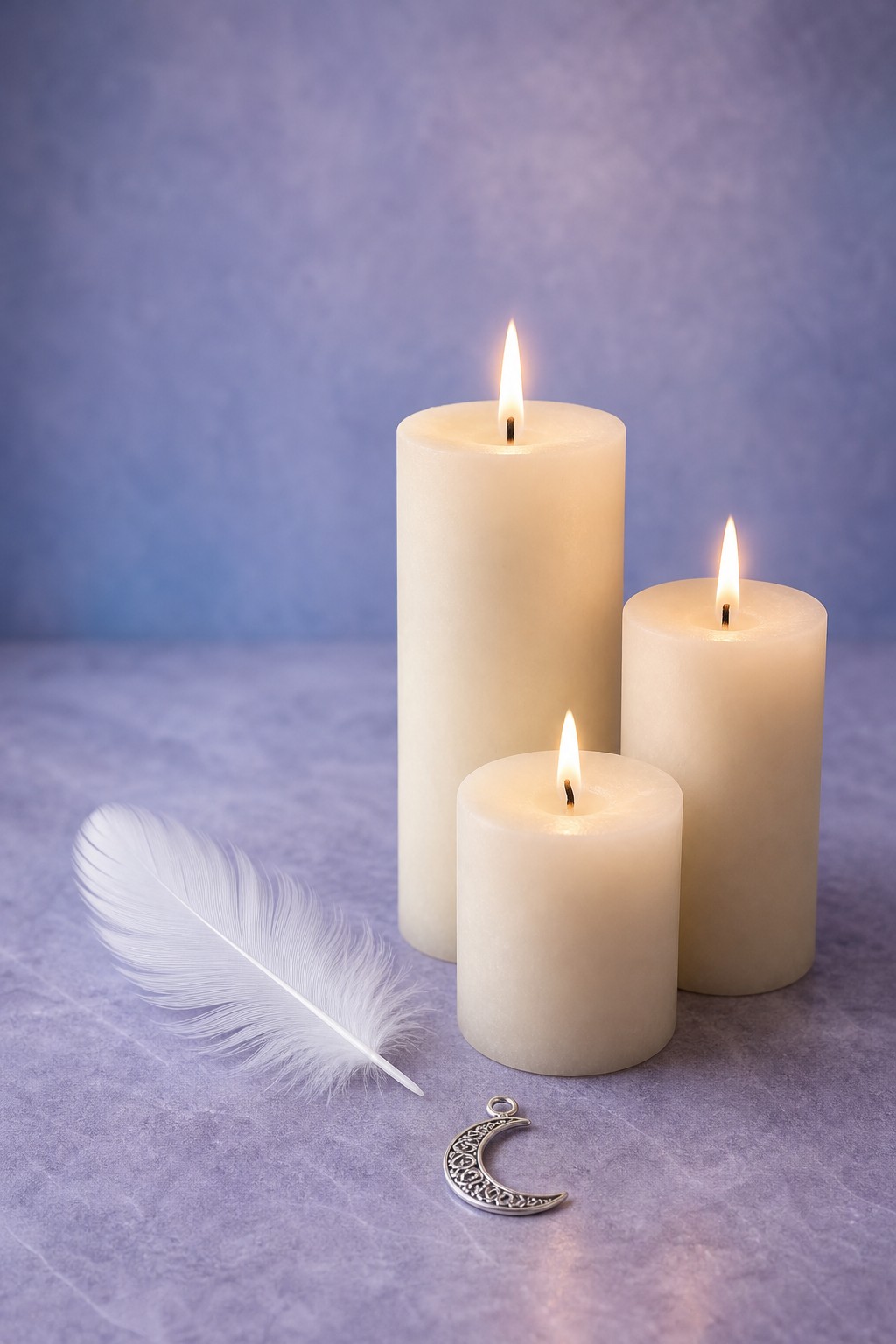 Glowing ivory candles with a white feather and silver crescent moon on lavender