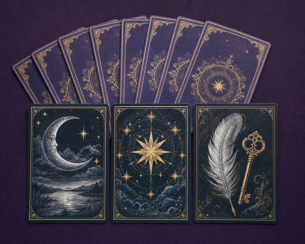Oracle and Tarot card artwork with a silver moon, gold stars, a feather, and a key