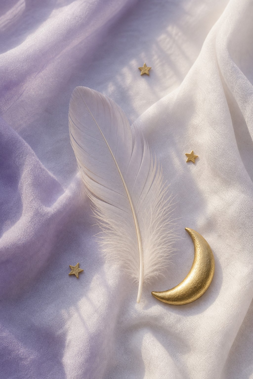 A pale feather, golden crescent moon, and stars on soft lavender fabric
