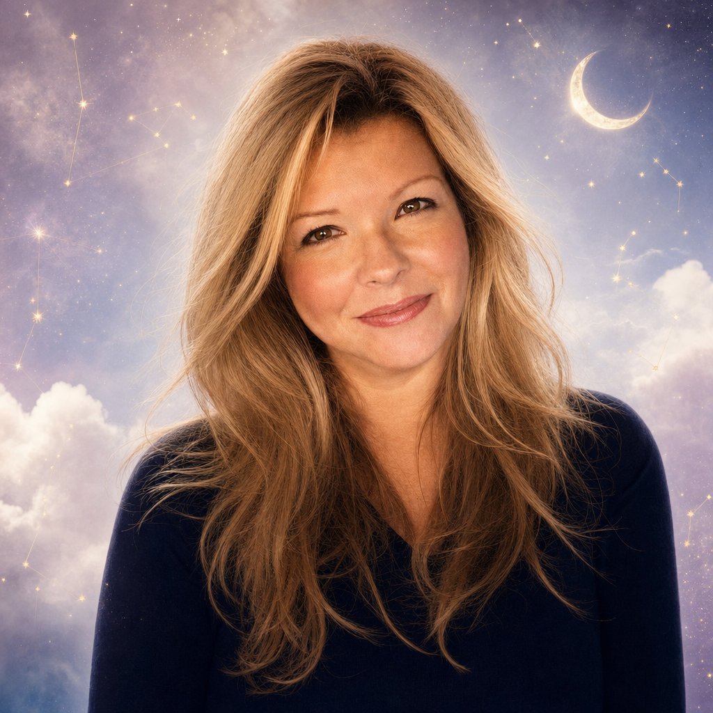Psychic Medium Dee with soft lavender clouds, gold stars, and a crescent moon
