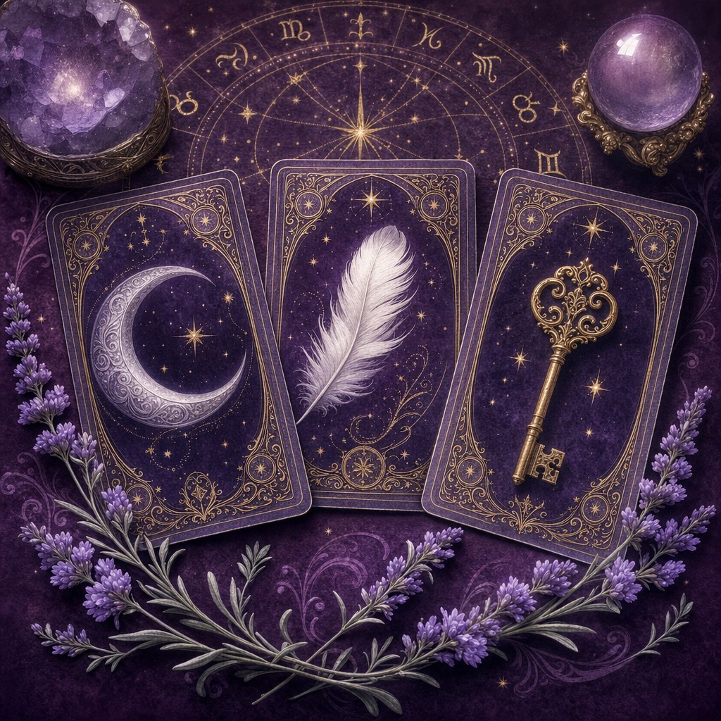 Oracle cards with a silver crescent moon, white feather, and gold key amid lavender and stars