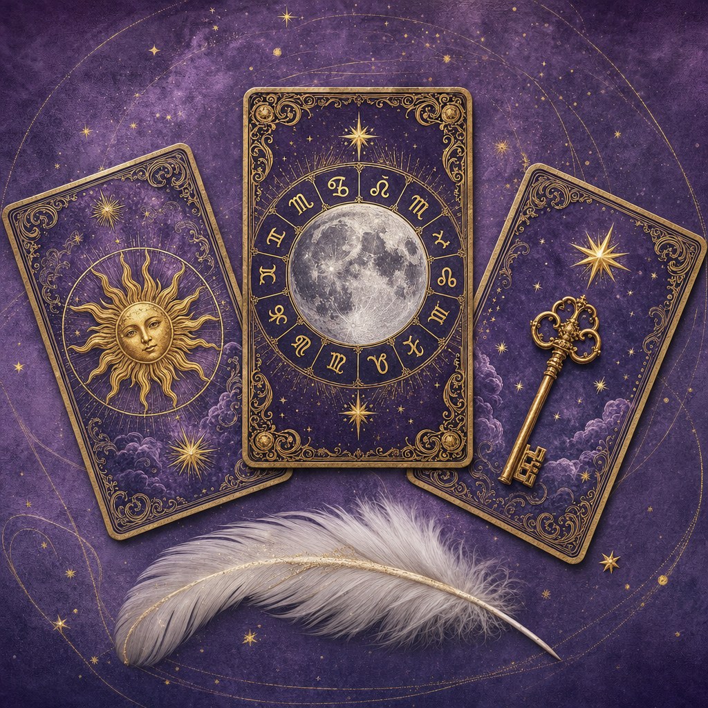 Ornate Tarot cards with a silver moon, golden sun, zodiac symbols, and a white feather