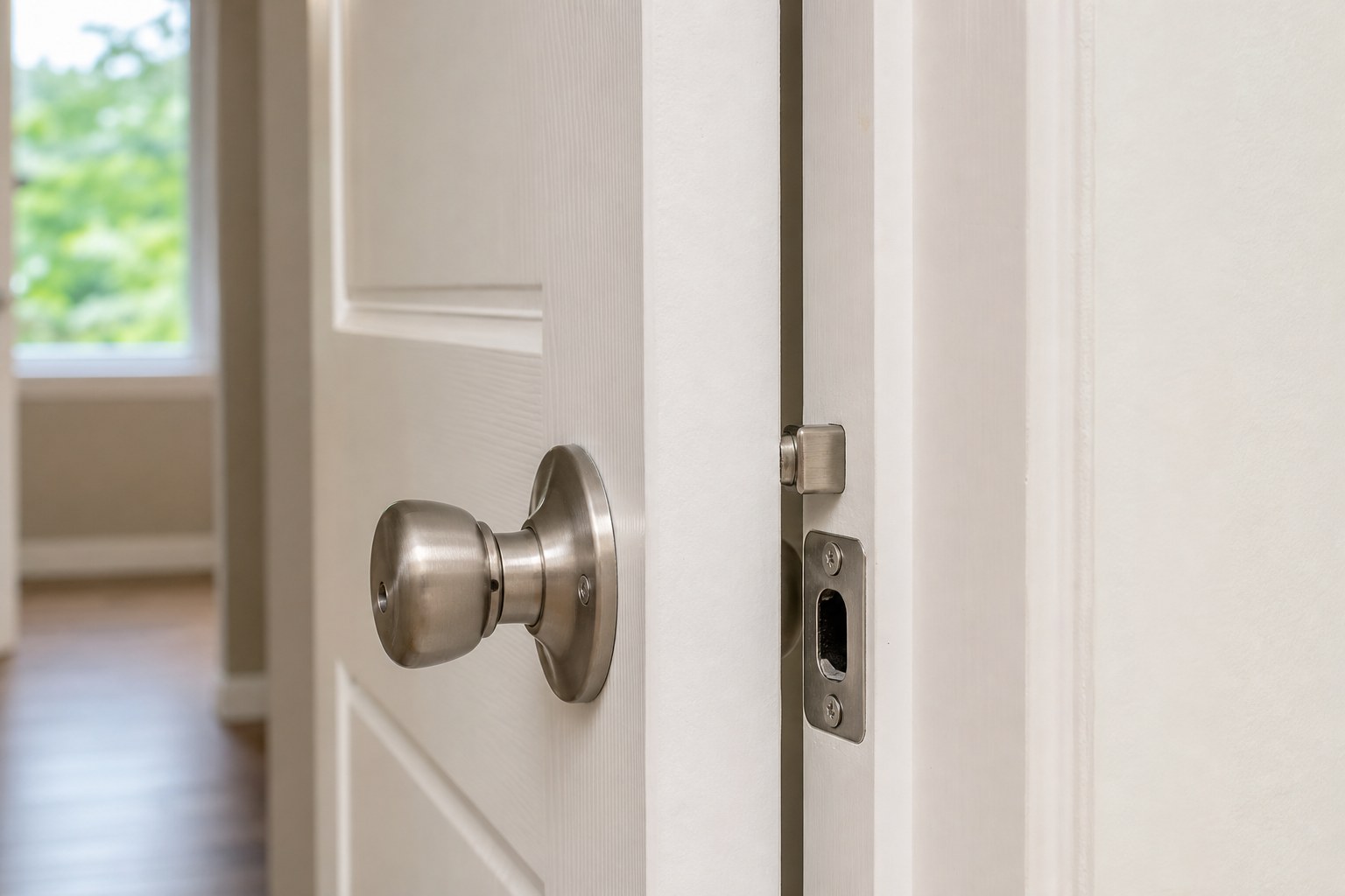 Interior door latch and strike plate on a white door frame