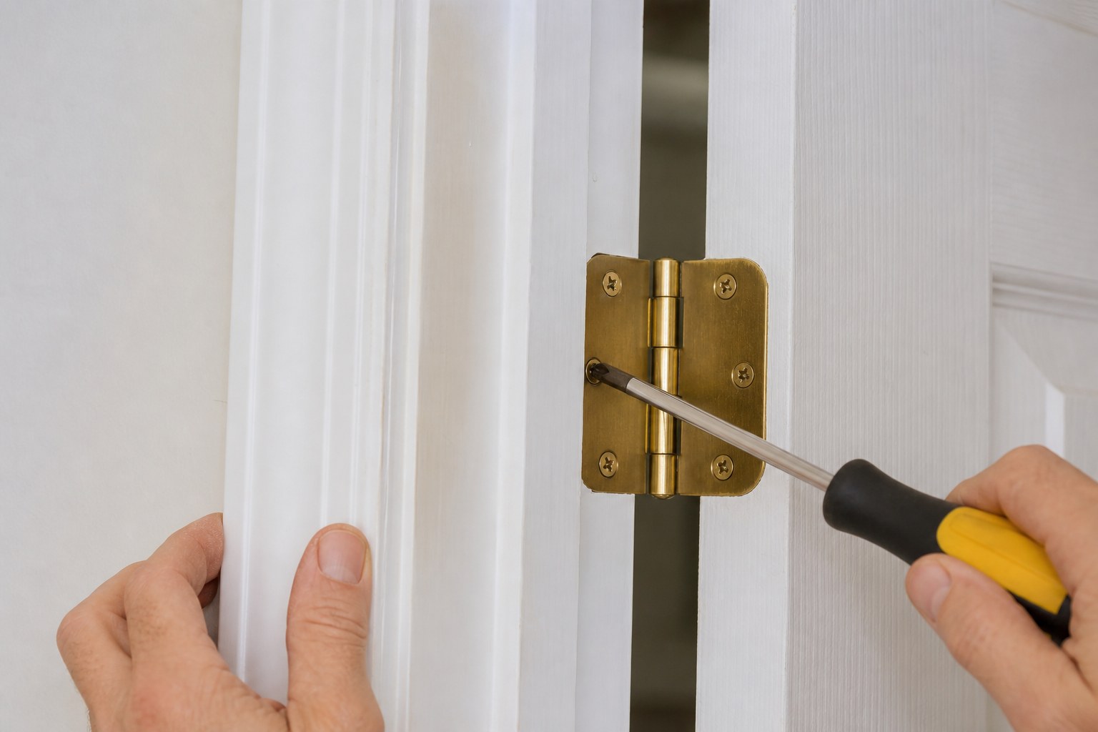 Hand tightening a brass hinge screw on a white interior door