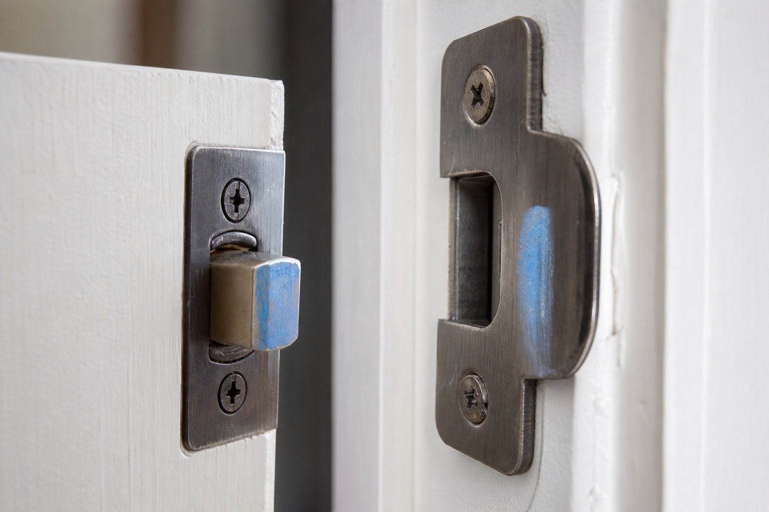 Blue transfer mark on a door latch and strike plate used to check alignment