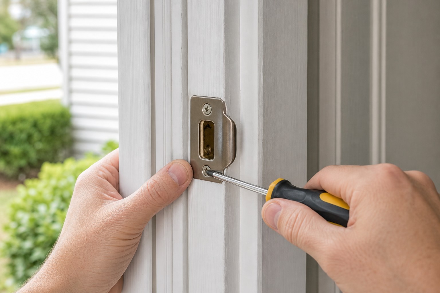 Hand adjusting a metal strike plate on a painted door frame with a screwdriver