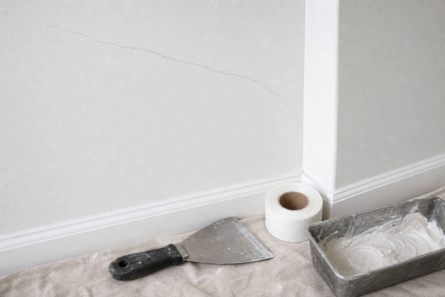 Hairline crack in a white drywall wall with repair tools ready below it