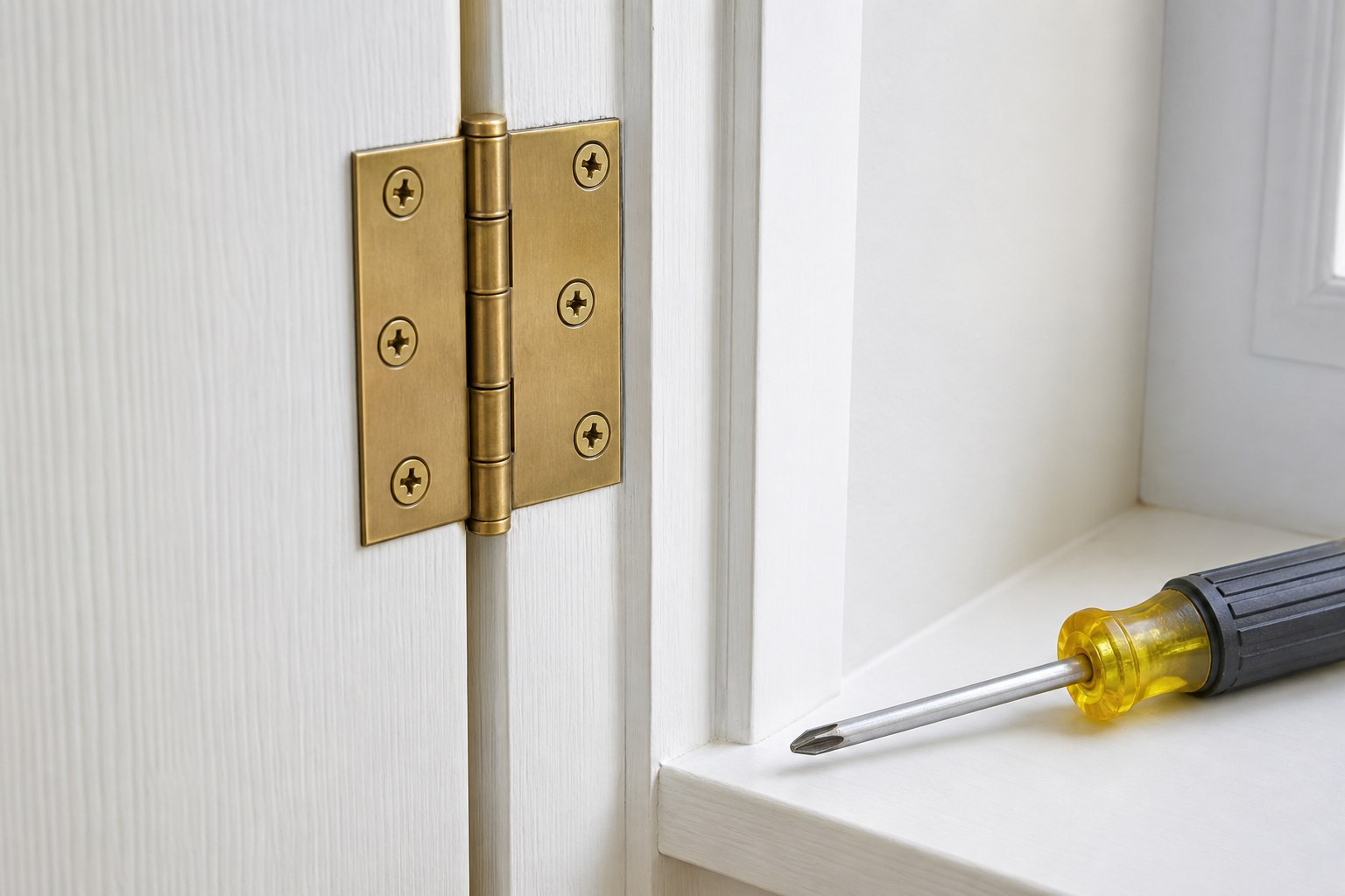 Brass door hinge and screws on a white interior door frame