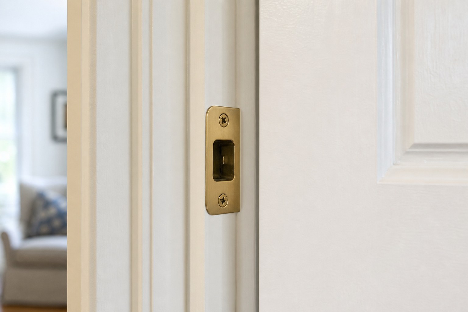 Brass latch plate on a white interior door frame