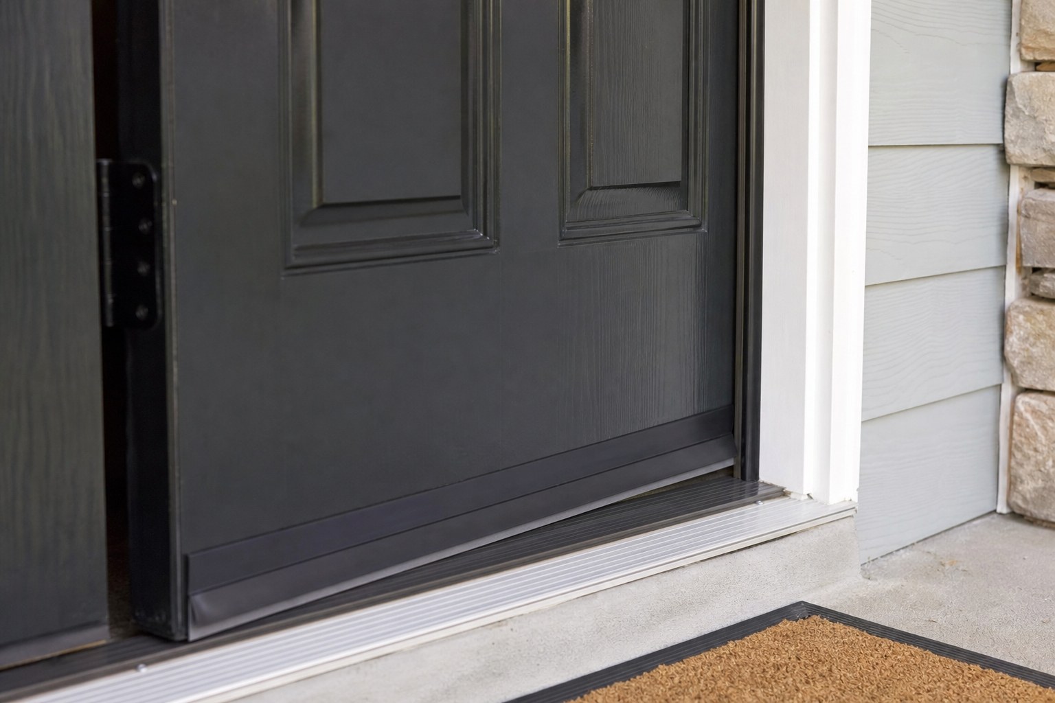 Exterior door with weatherstripping and a door sweep at the threshold
