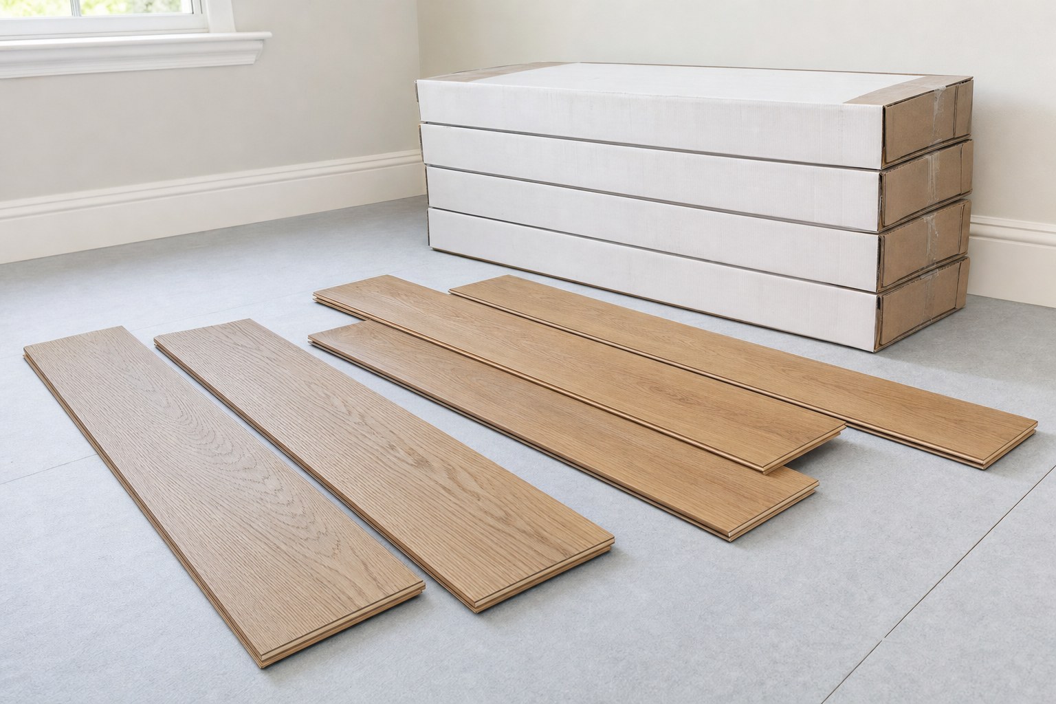 Wood flooring cartons and sample planks staged indoors before installation