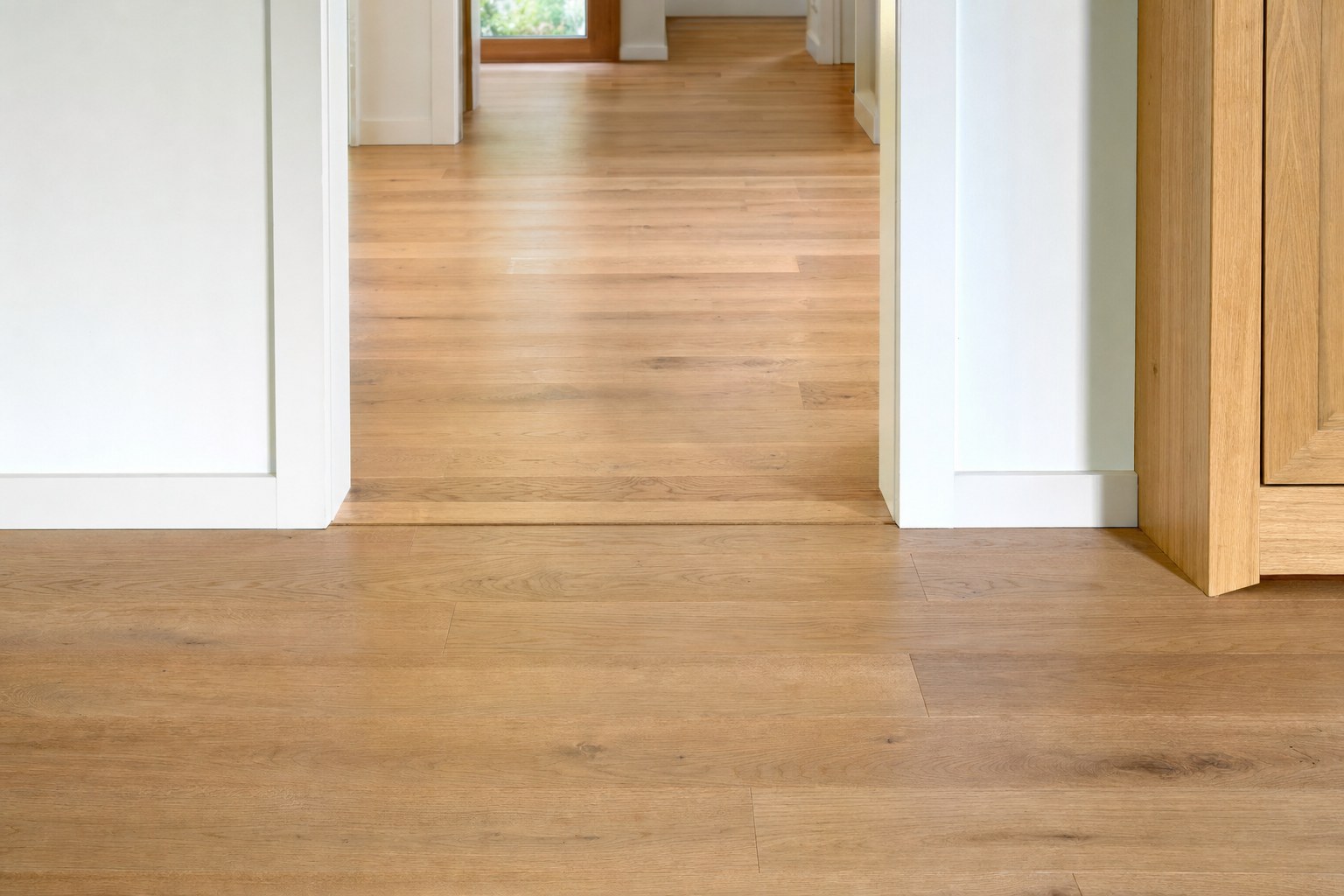 Newly completed natural wood floor meeting a doorway transition