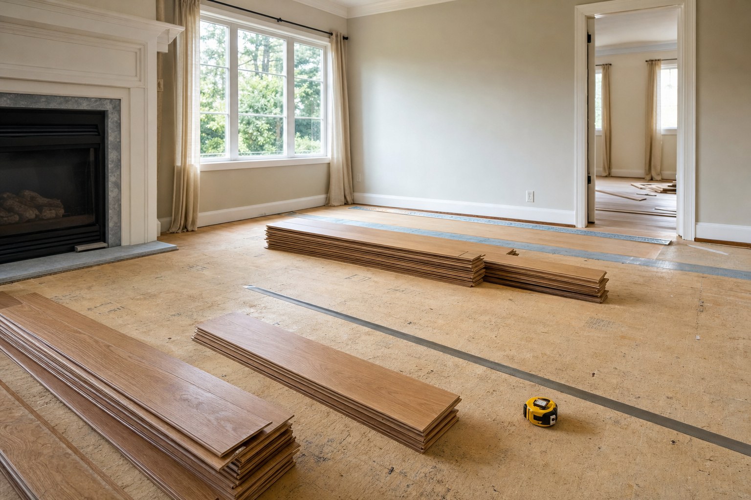 Prepared living room with wood flooring planks ready for installation