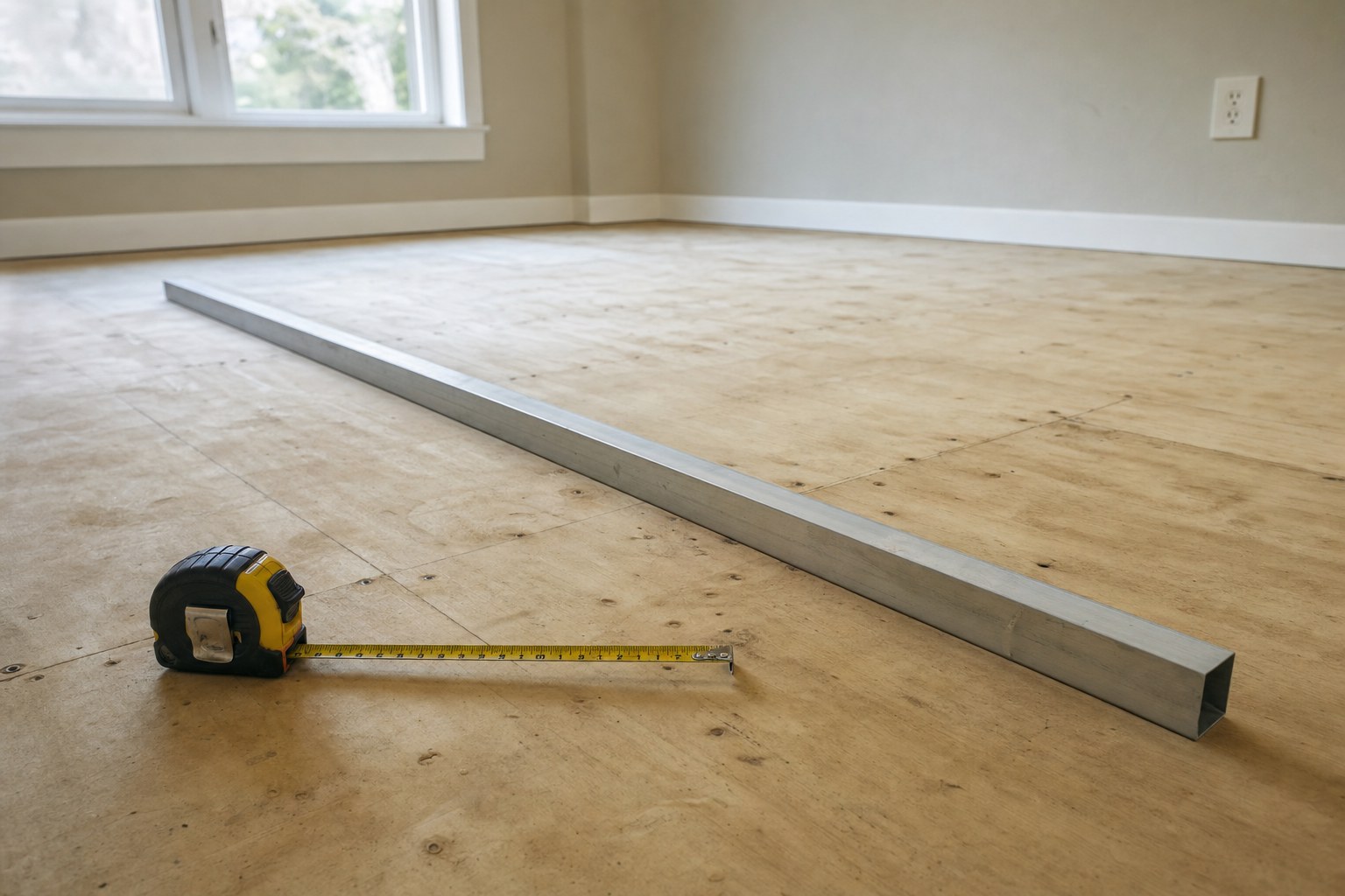Clean plywood subfloor checked with a straightedge and tape measure before flooring installation