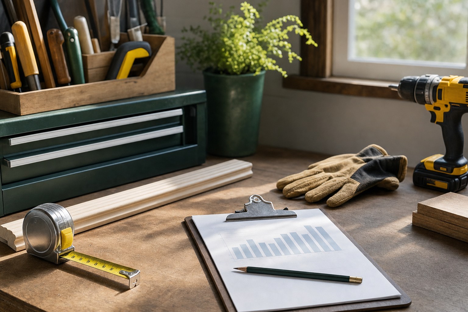 Home repair tools and a clipboard with a chart on a workbench