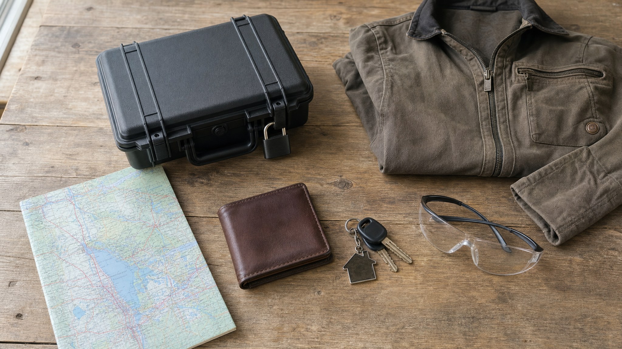 Closed lockable case, Minnesota road map, wallet, keys, safety glasses, and jacket prepared for a responsible trip