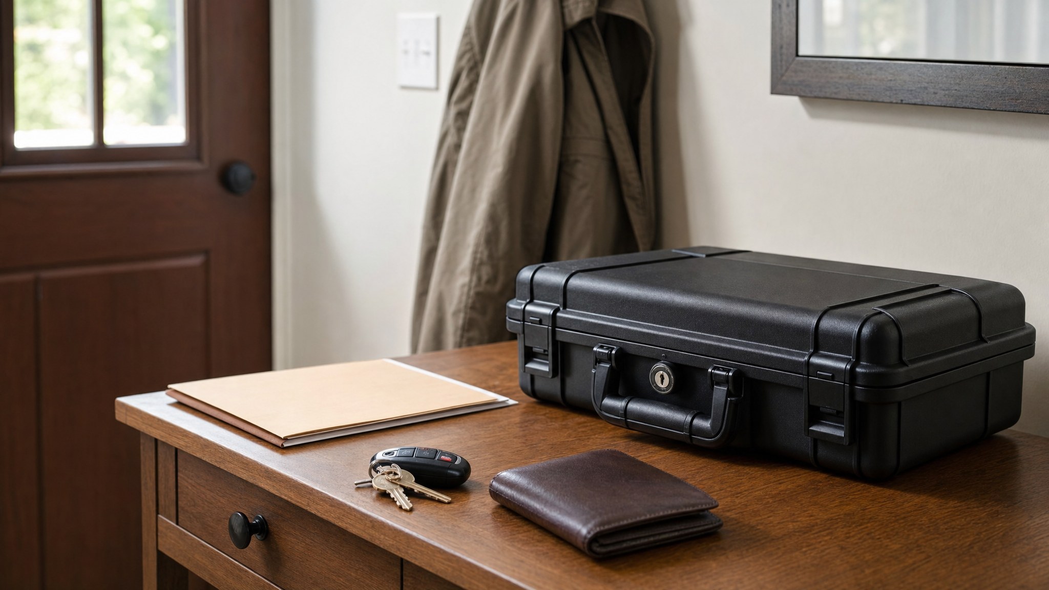 Closed lockable case, keys, folder, and jacket arranged by a home entry
