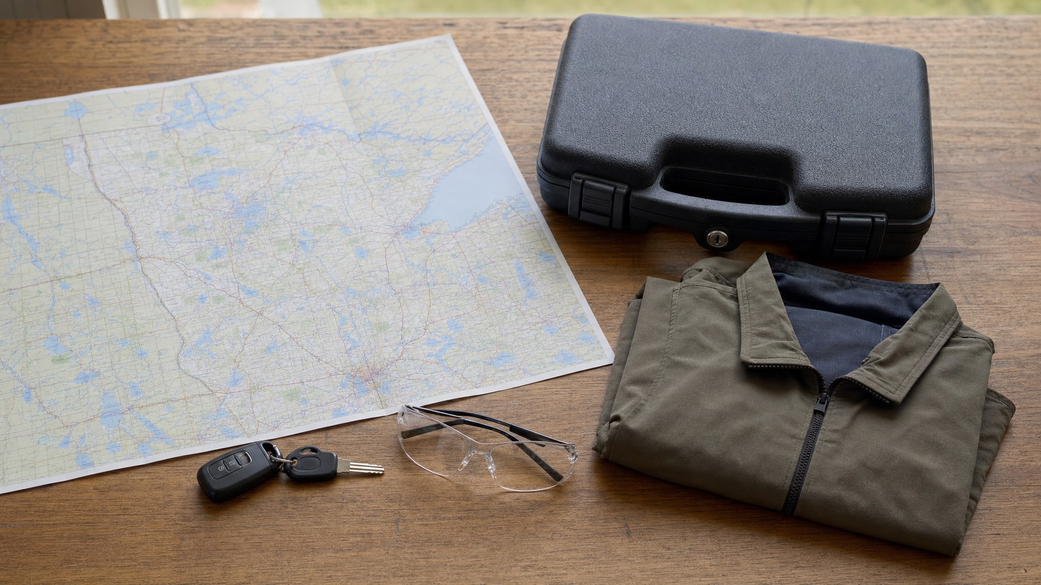 Minnesota road map, closed lockable case, safety glasses, keys, and jacket arranged before a trip