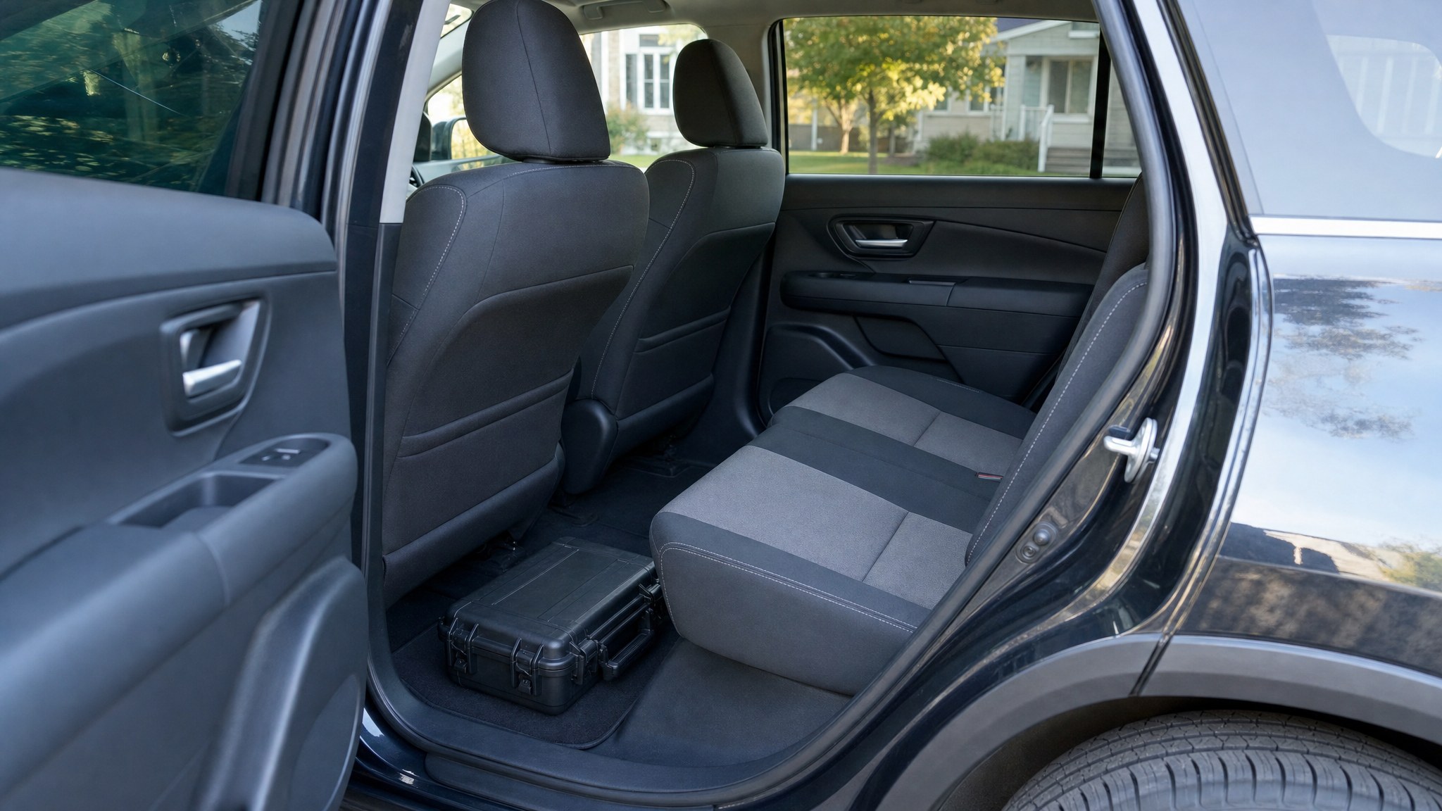 Closed lockable hard case secured on the rear floor of a parked vehicle