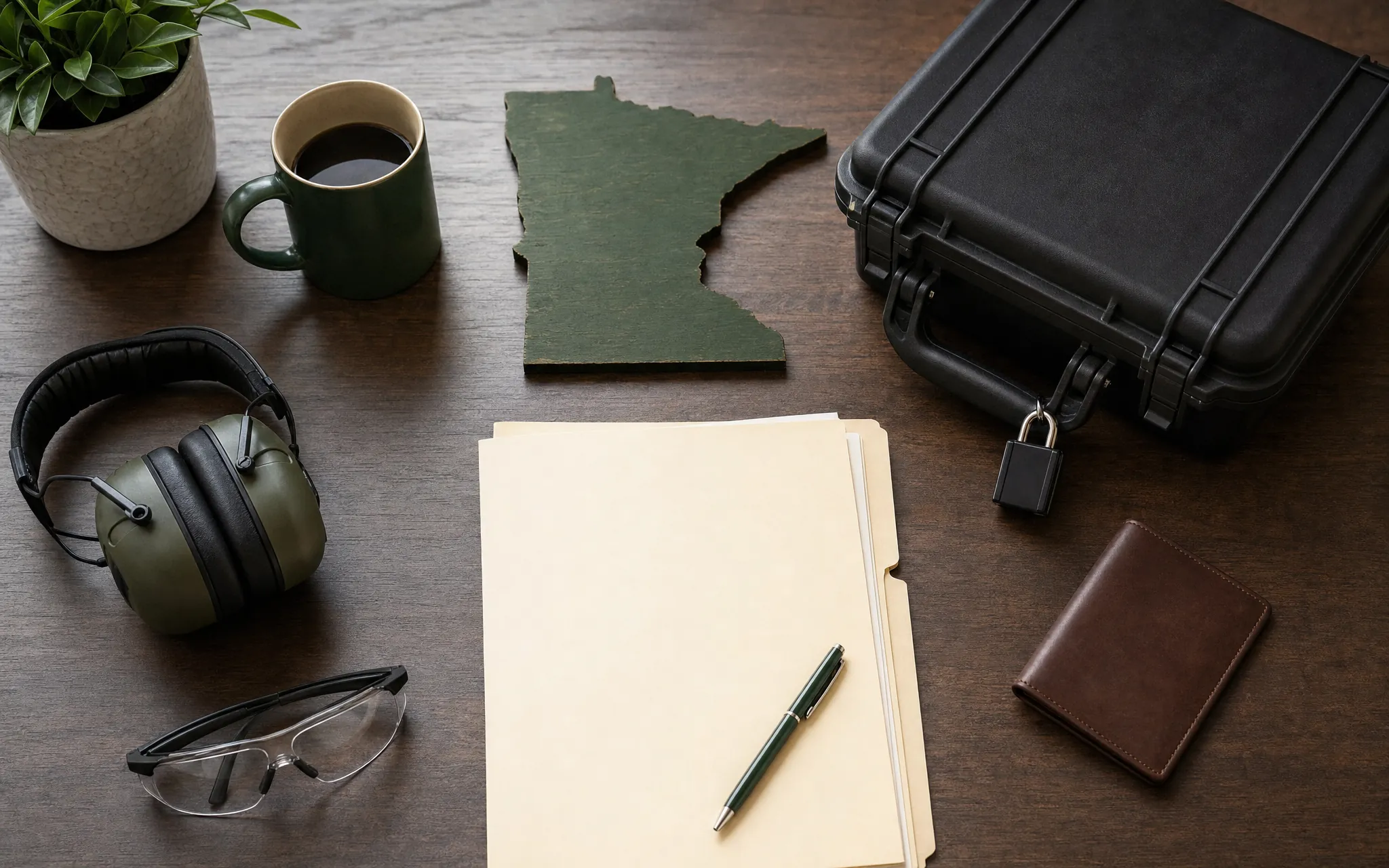 Minnesota-shaped marker, training safety gear, application folder, and locked case on a desk