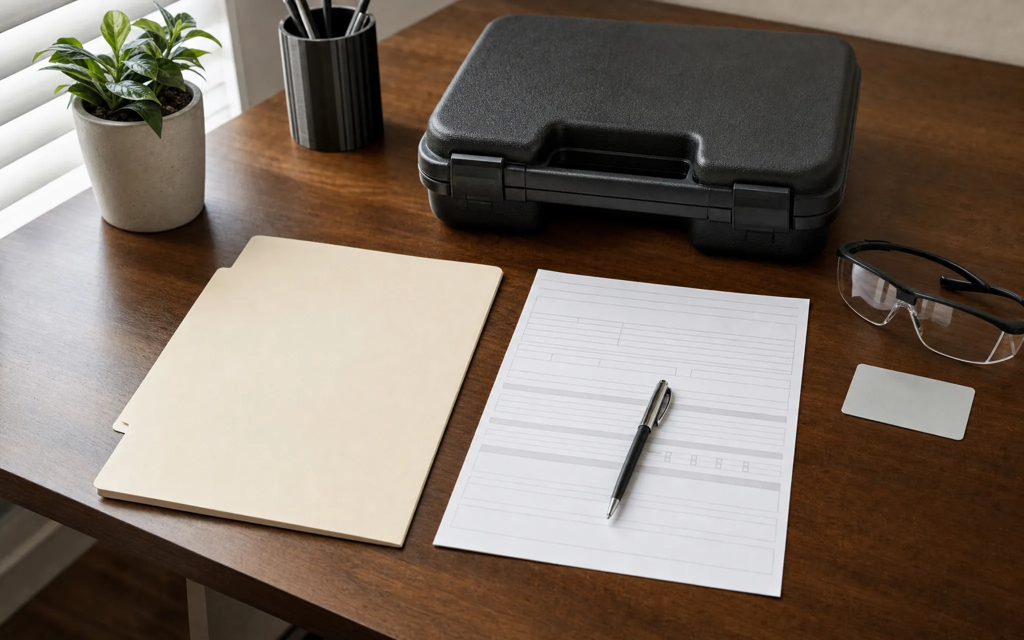 Application materials, a pen, safety glasses, and a closed hard case arranged on a desk