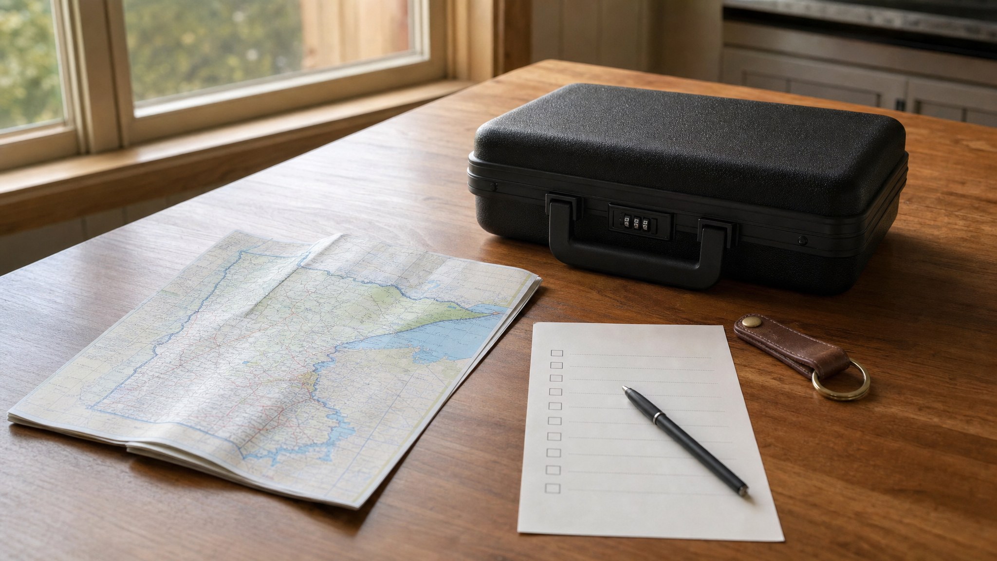 Minnesota road map, travel checklist, keys, and a closed lockable travel case on a wooden table