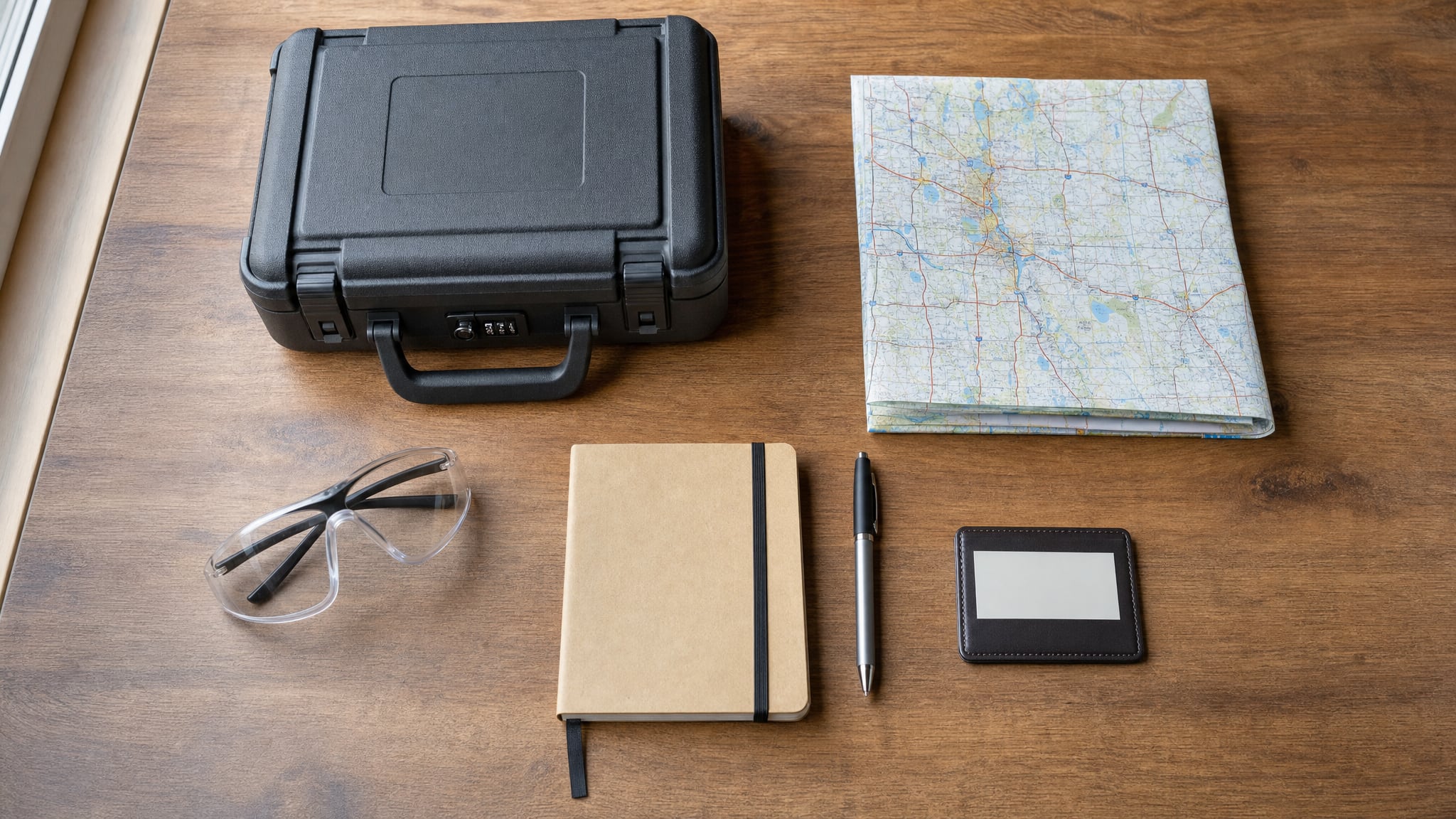 Closed lockable hard case, Minnesota road map, safety glasses, notebook, pen, and card holder prepared for responsible planning