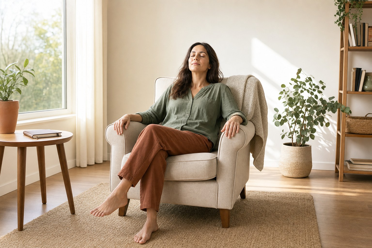 Person resting calmly in an armchair at home