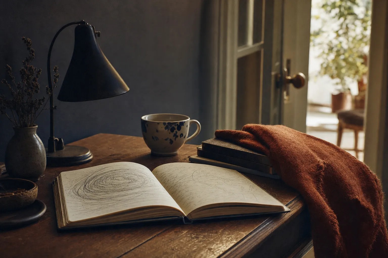 Quiet desk with an open journal