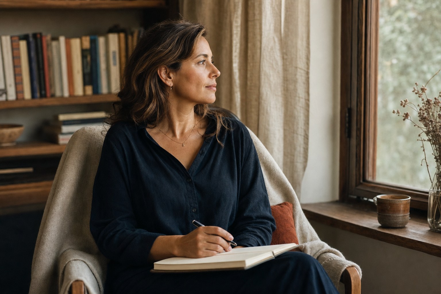 Person sitting quietly beside a bright window