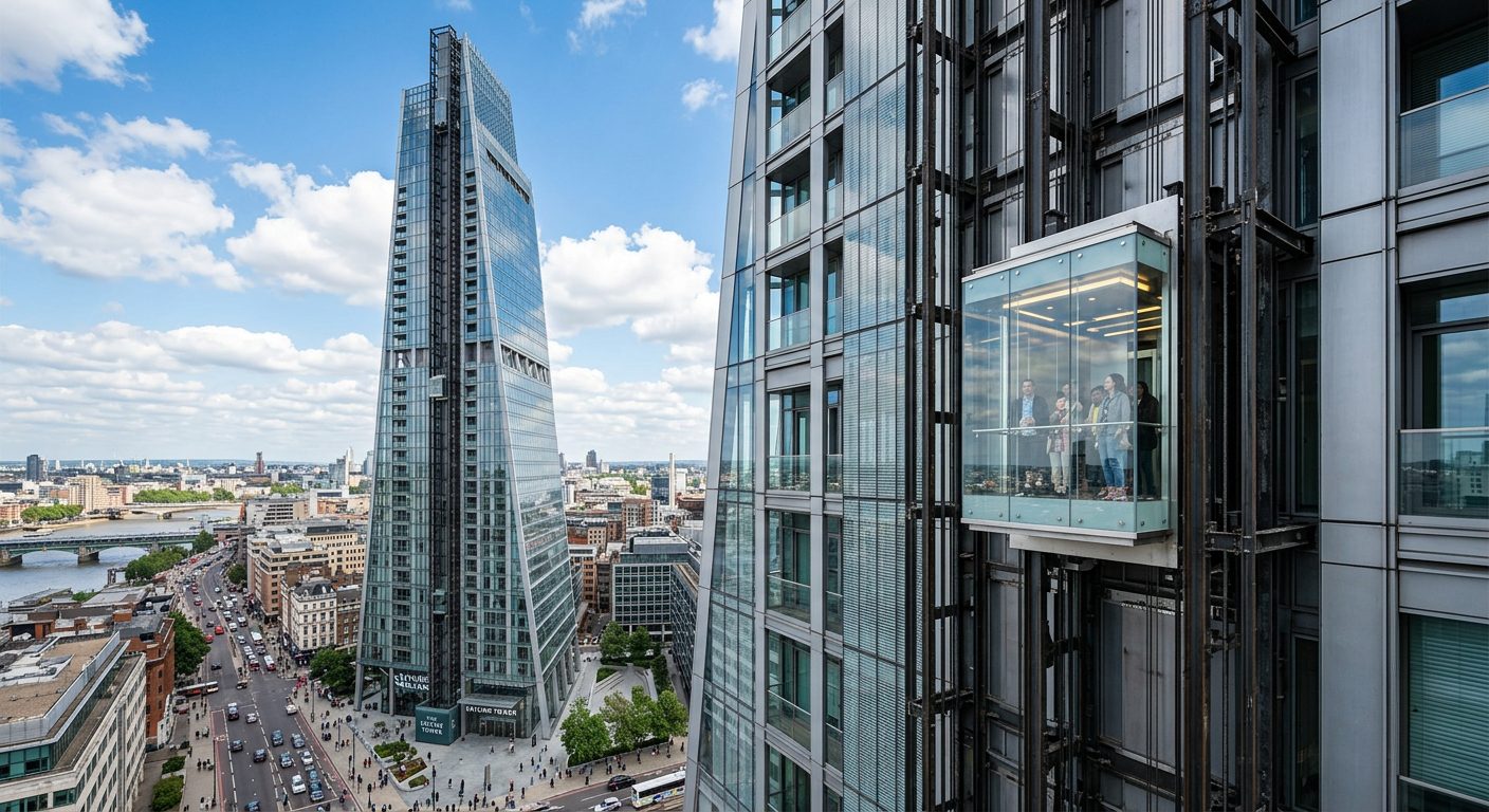 Glass elevator high on the outside of a city building