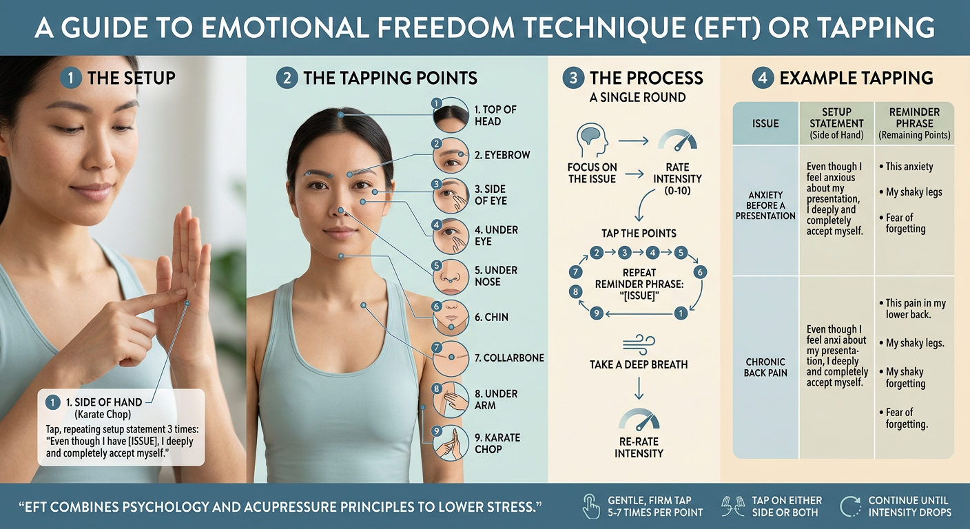A guide to Emotional Freedom Technique (EFT) or tapping: setup, nine tapping points, a single-round process, and example tapping statements.