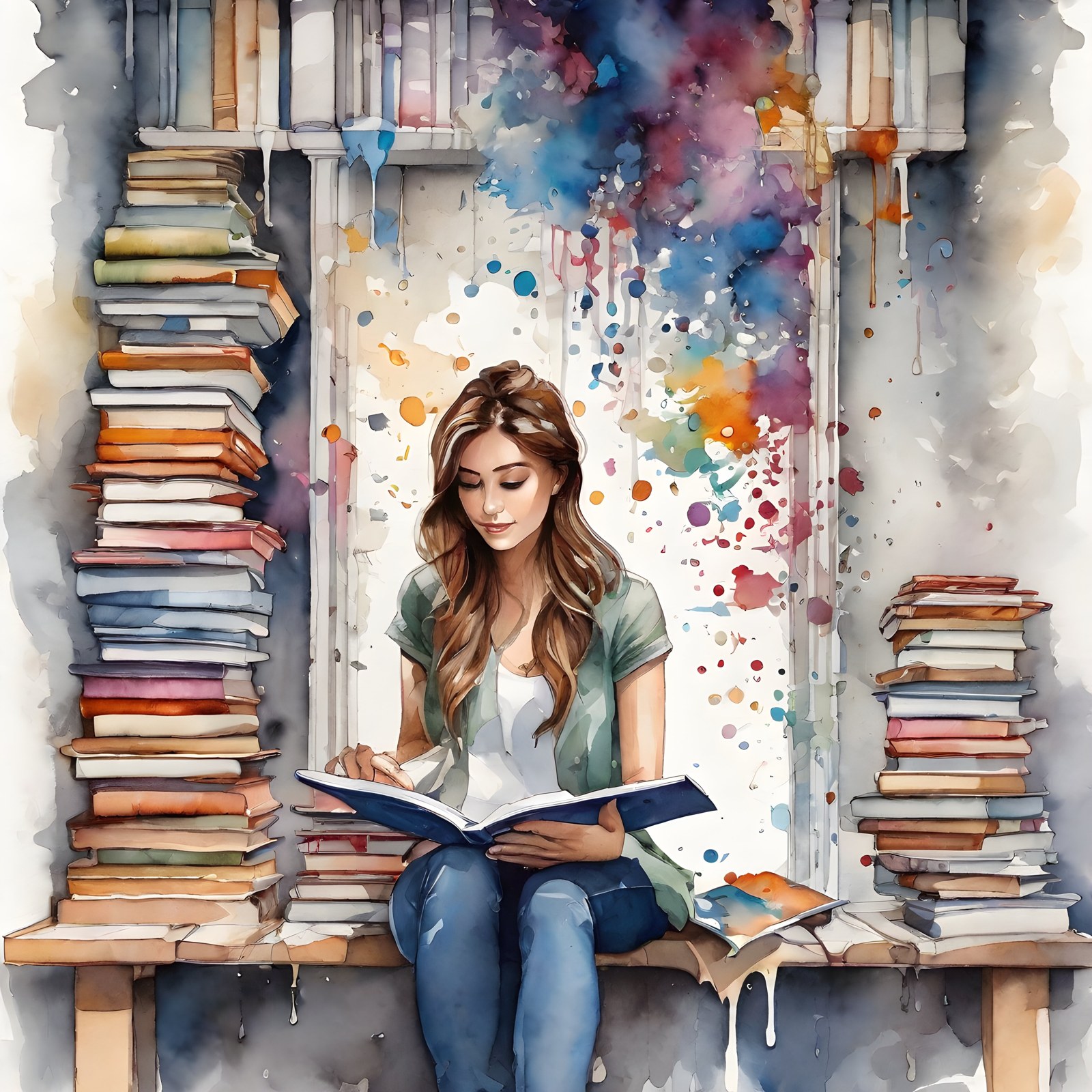 Watercolor illustration of a woman reading among stacks of books