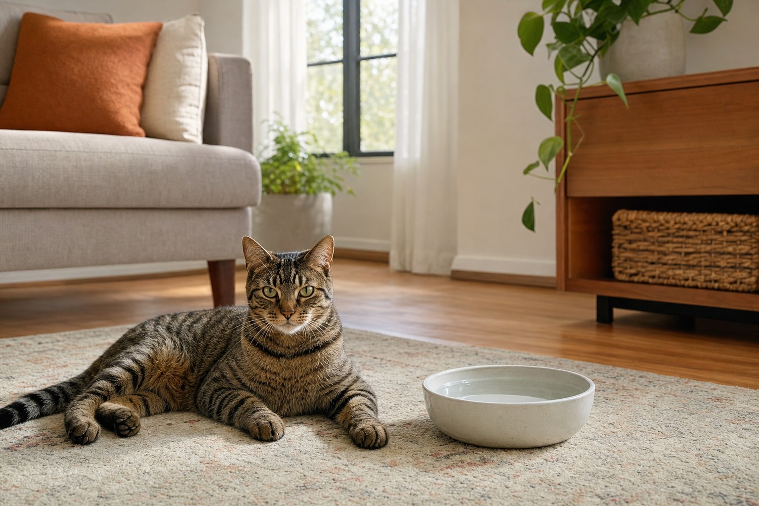 Tabby cat resting beside a clean ceramic water bowl
