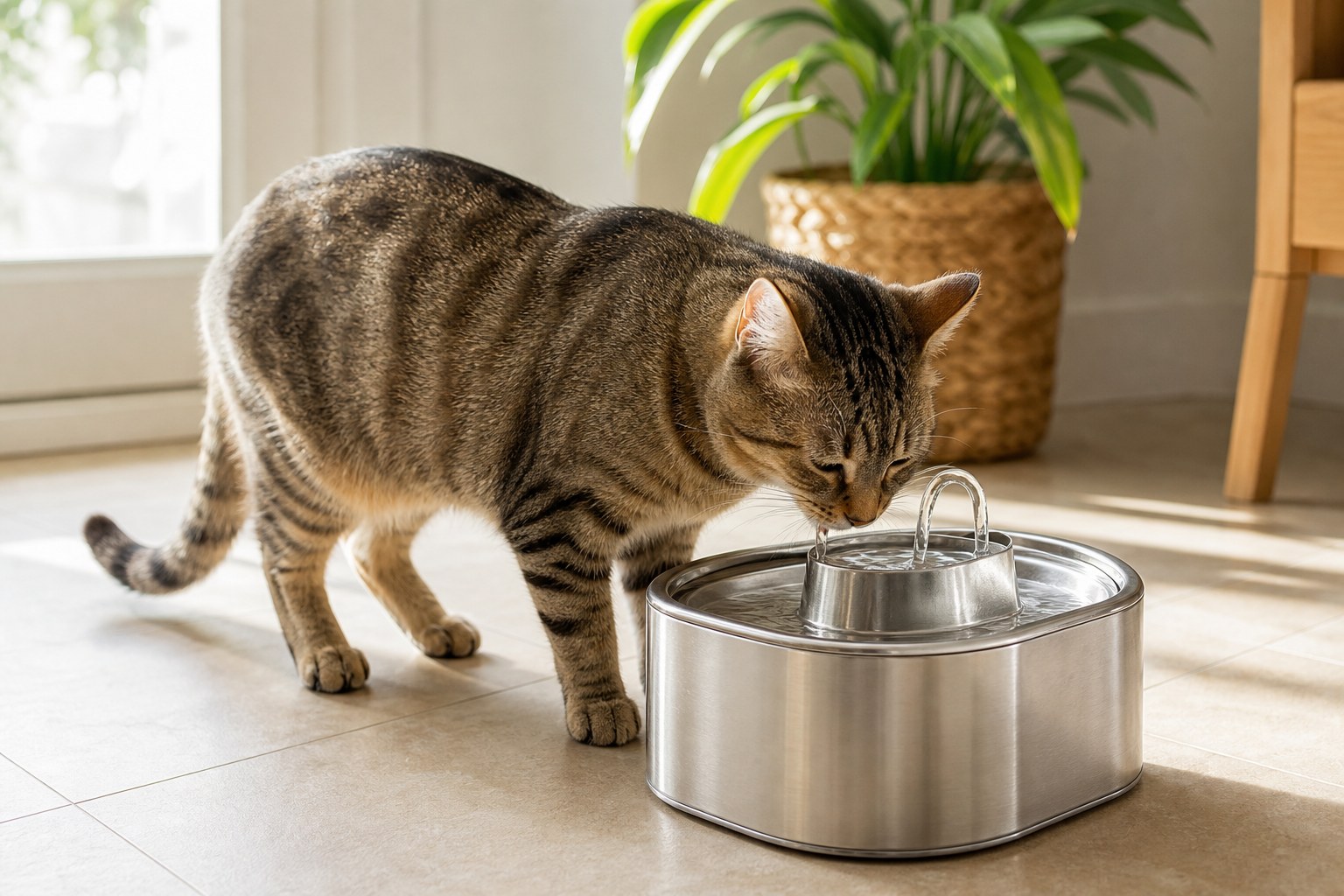 Tabby cat drinking from a stainless steel pet water fountain