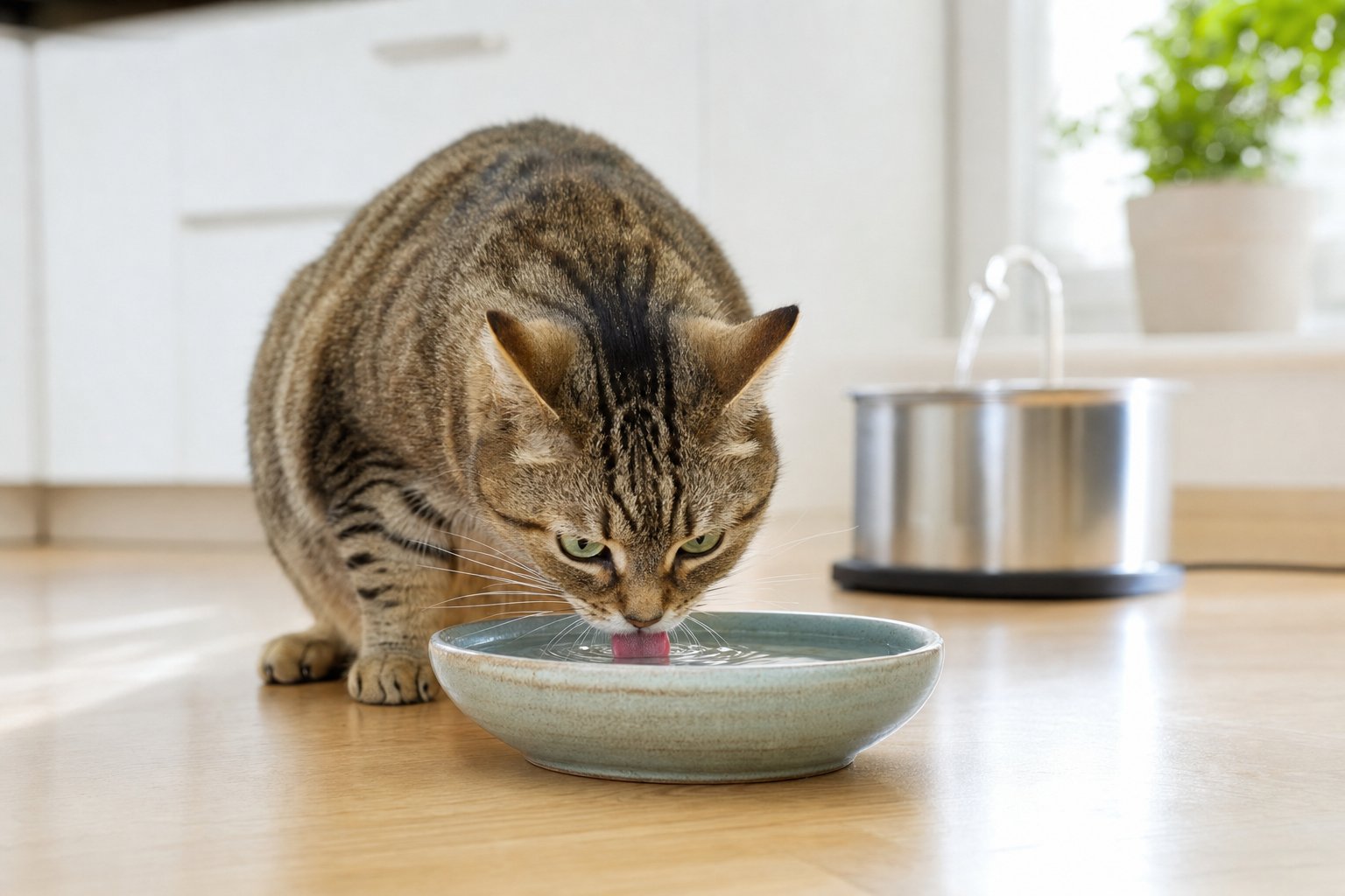 Tabby cat drinking from a wide ceramic water bowl in a bright kitchen