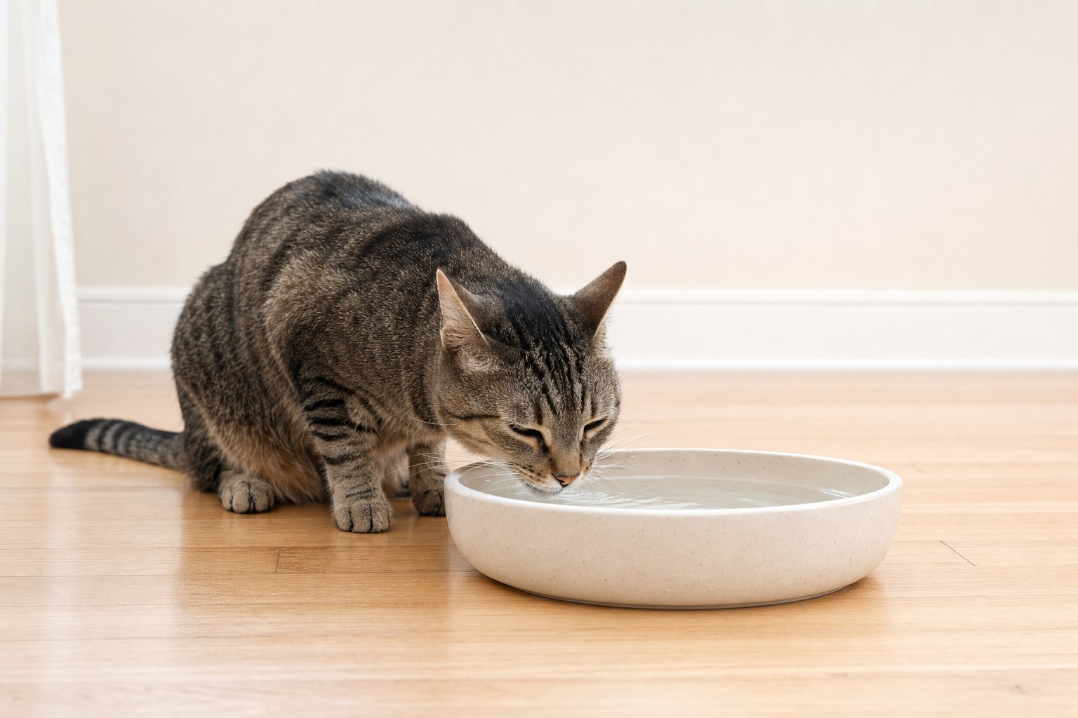 Tabby cat drinking comfortably from a wide shallow ceramic water bowl